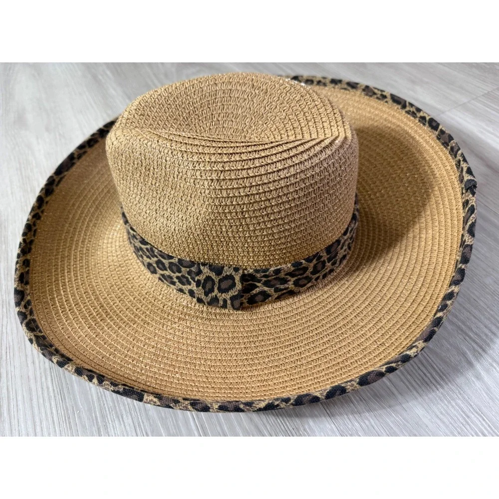Cruise Club Tan Straw Sun Hat Leopard Print Trim Wide Brim Beach Fedora Womens